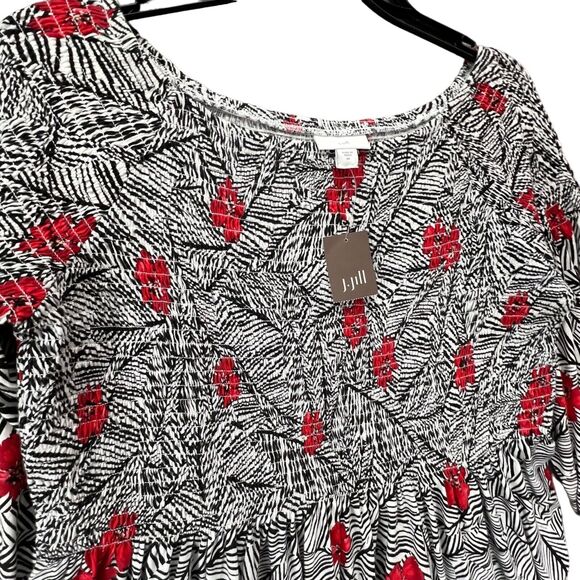J Jill Smocked Top Womens M Black White Red Floral On Off Shoulder Blouse NEW - Picture 3 of 16